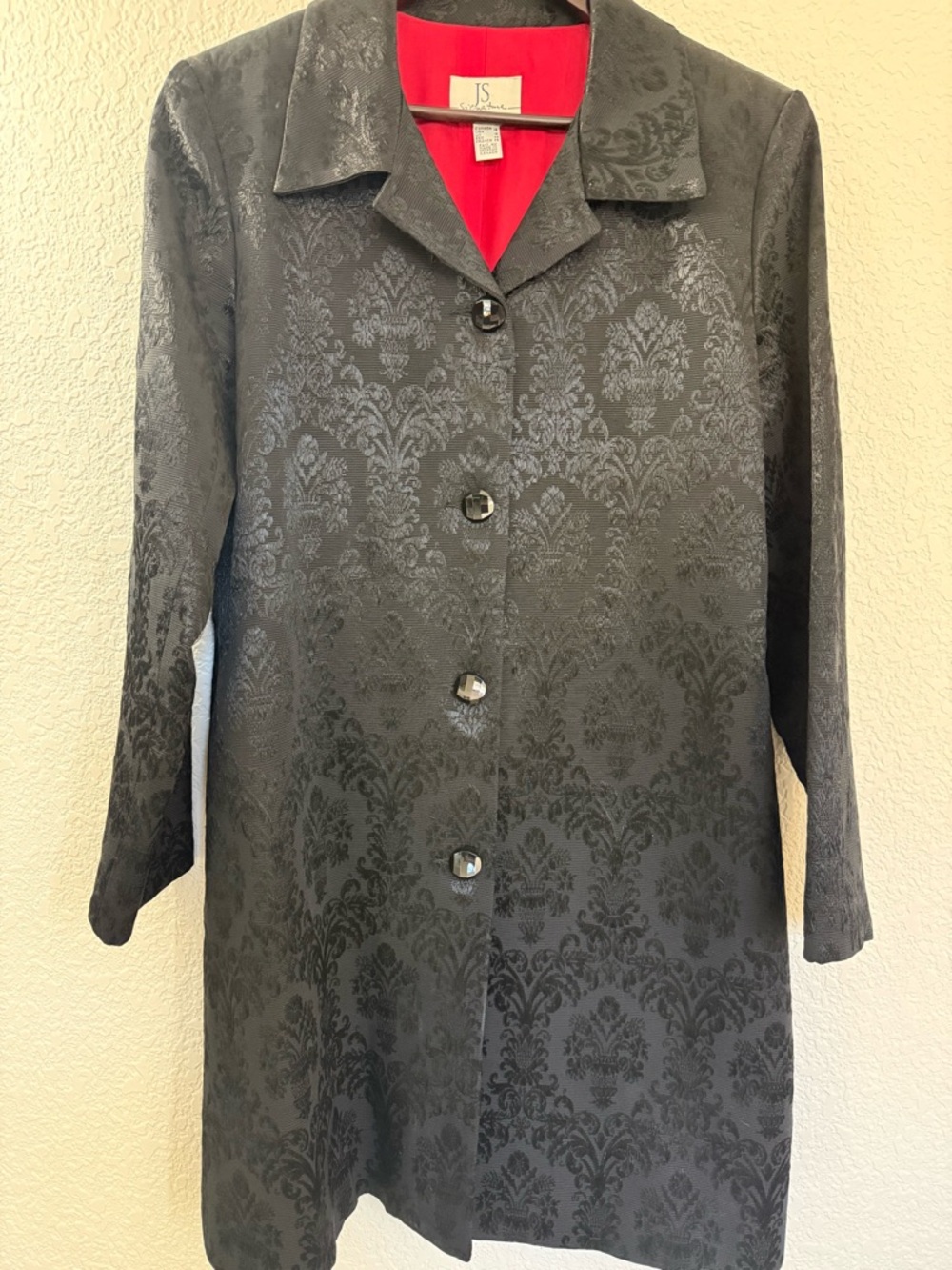 Elegant Black Jacquard Coat | Size 16 | Red‎ Lined Glam Evening Statement Jacket - Picture 2 of 15